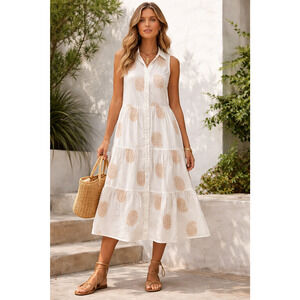 Ellen Tracy Embroidered Cotton Midi Dress Sleeveless Button Front Tiered Boho